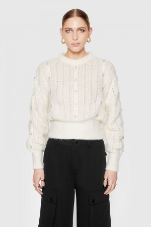 Rebecca Minkoff Cecilia Crystal Embellished Sweater Strickwaren Damen Weiß | ZGQ371924