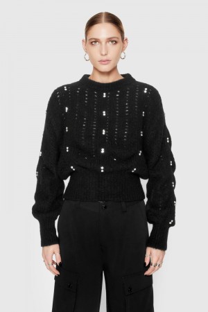 Rebecca Minkoff Cecilia Crystal Embellished Sweater Oberteile Damen Schwarz | HWQ741625