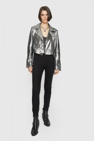 Rebecca Minkoff Cropped Jett Moto Jacket Leather Damen Silber | IDF176082