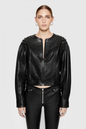 Rebecca Minkoff Ozzy Studded Leather Jacket Leather Damen Schwarz | TGA461059