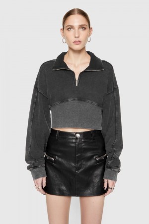 Rebecca Minkoff Winnie Acid-Wash Quarter Zip Oberteile Damen Schwarz Waschen | RPT209461