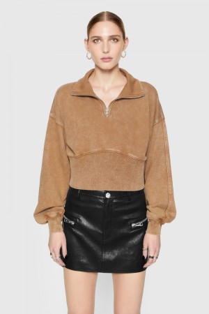 Rebecca Minkoff Winnie Acid-Wash Quarter Zip Oberteile Damen Braun Waschen | XOZ819275