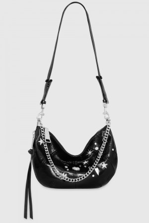 Rebecca Minkoff Zip Around Crossbody With Celestial Studs Umhängetasche Damen Schwarz Silber | NYA824935